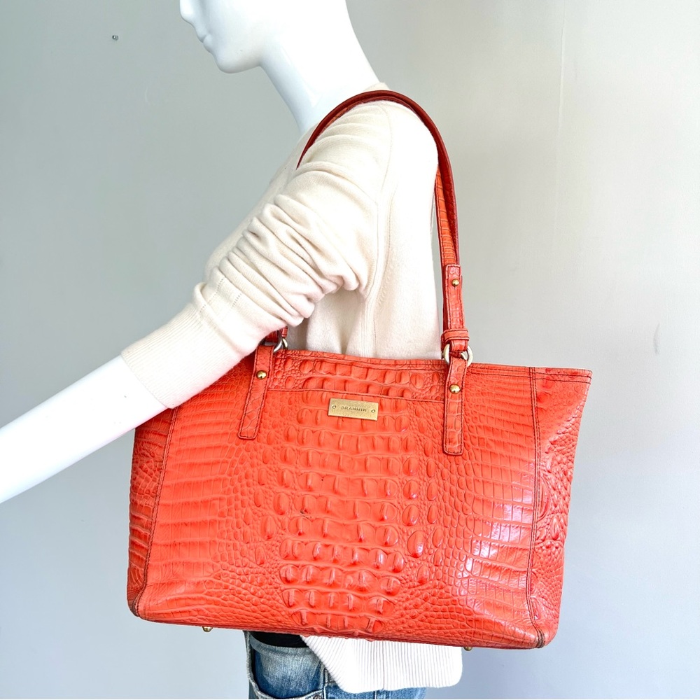 BRAHMIN Melbourne Orange Croc Emboss Leather Gold Hardware Medium Shoulder Tote - Picture 2 of 16